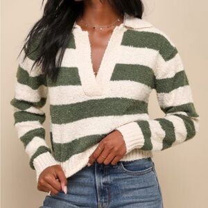 Lulu's Green and Cream Striped V-Neck Sweater
